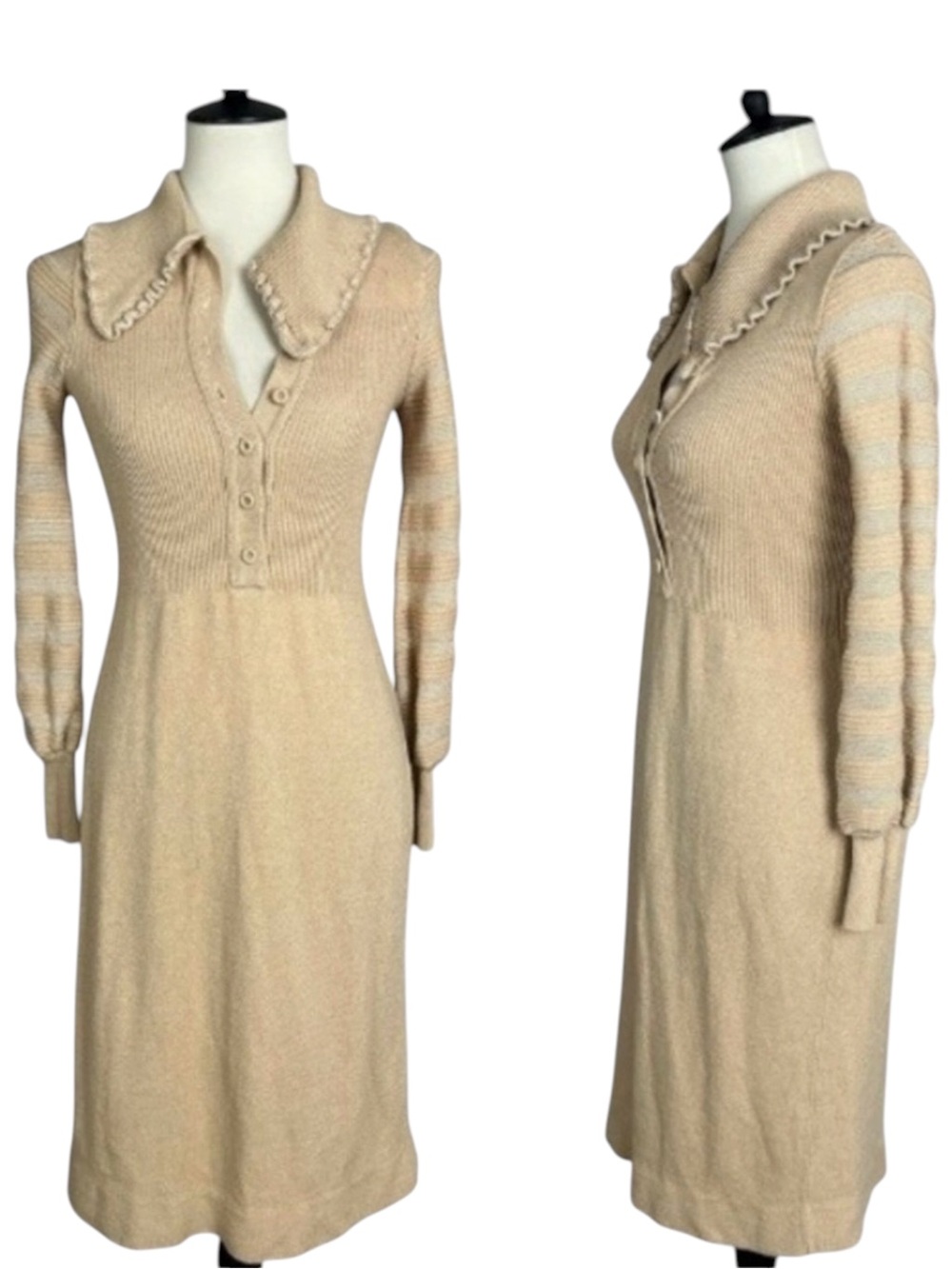The Knit Group Vintage Ruffle Collar Dress Long Sleeve Stretch Knee Length Sz 12